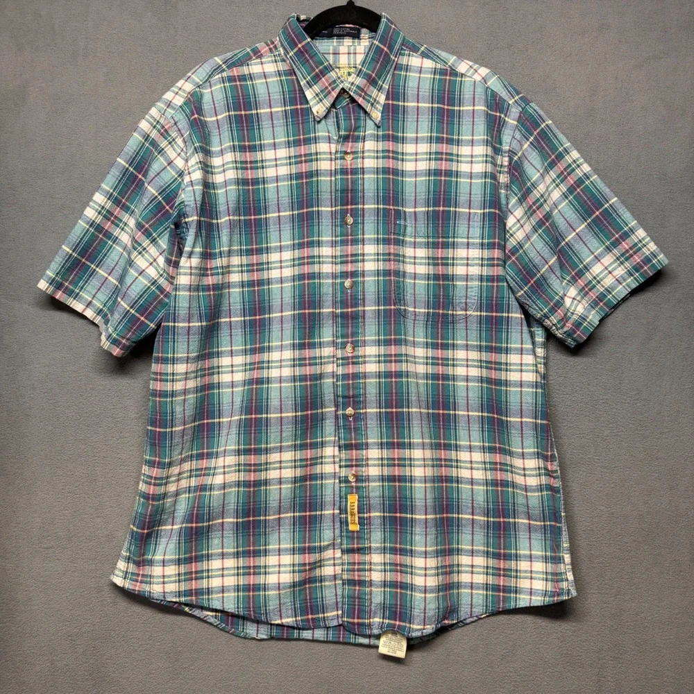 Vintage BD Baggies Short Sleeve Plaid Button Down Shirt L Teal Blue Green Casual